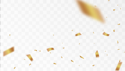 Confetti on a transparent background. Falling shiny golden confetti. Bright golden festive tinsel. Holiday design elements for web banner, poster, flyer, invitation. Vector
