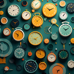 3d render clocks on teal coloured wall, minimalist, 
modern, simple illustration, generative ai art.PNG format