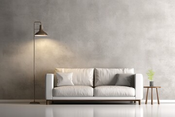 modern living room with a white couch and a standing lamp