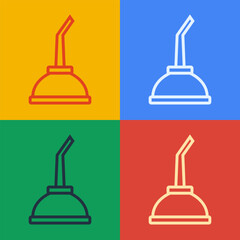 Pop art line Canister for motor machine oil icon isolated on color background. Oil gallon. Oil change service and repair. Vector