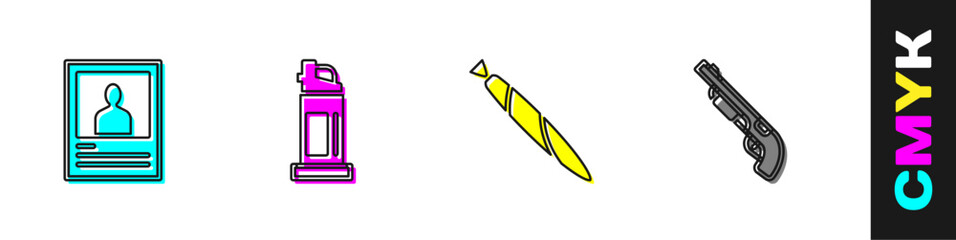 Set Wanted poster, Pepper spray, Marijuana joint and Police shotgun icon. Vector