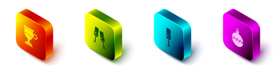 Set Isometric Mulled wine, Glass of champagne, and Christmas ball icon. Vector