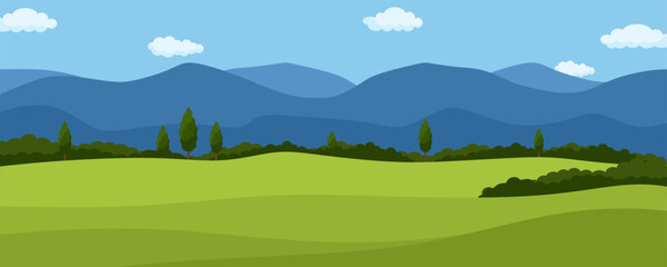 Vector flat landscape illustration of panoramic view on rural nature with blue sky and clouds, mountains, grass fields, hills, trees. Horizontal cartoon background. Vector illustration