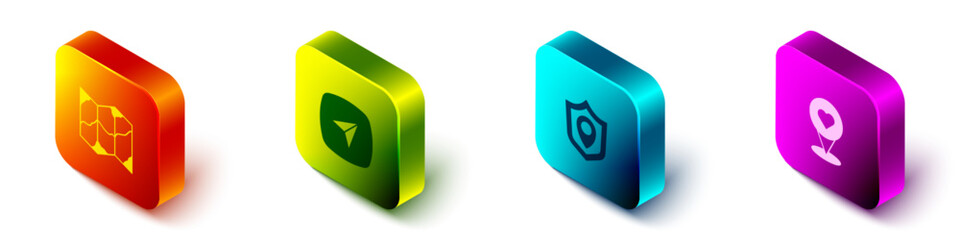 Set Isometric Folded map, Infographic of city navigation, Location shield and with heart icon. Vector