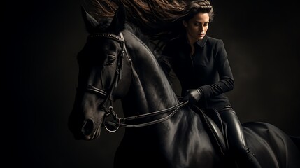 Fototapeta na wymiar A Woman Rider Atop a Friesian Horse