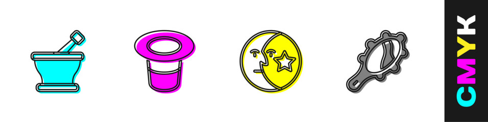 Set Mortar and pestle, Magic hat, Moon stars and hand mirror icon. Vector