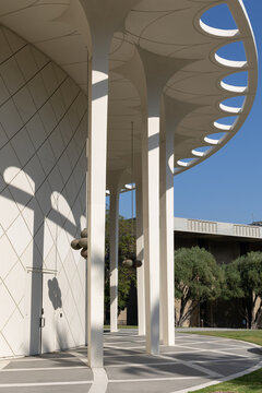 Pasadena, CA - May 16 2022:  Blooming Jacaranda trees around the auditorium on the campus of Caltech