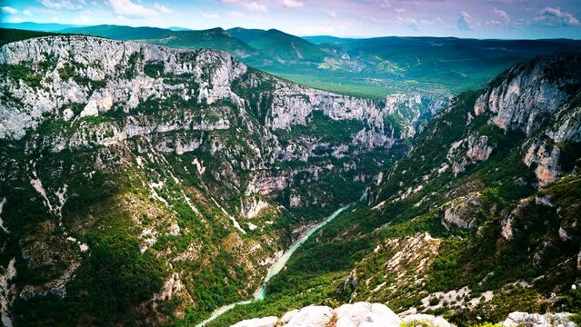 Timelapse of clouds moving over Verdon Gorge in french Alps mountains, Provence France. View from Belvedere de la Dent d'Aire.