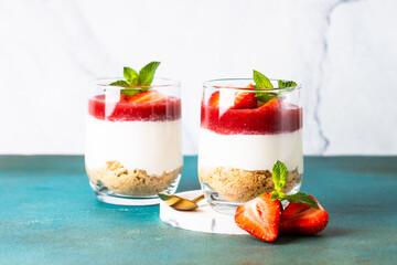 Strawberry cheesecake in glass, no baking dessert.