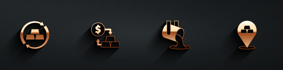Set Gold exchange money, Molten gold being poured and bars icon with long shadow. Vector