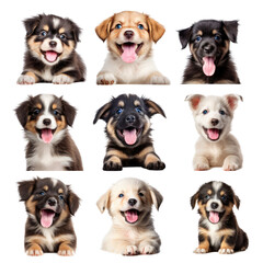 a group/set of adorable puppies of different breeds, Portraits in Pet-themed, photorealistic illustrations in a PNG, cutout, and isolated. Generative AI