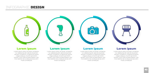Set Bottle of wine, Chicken leg, Photo camera and Barbecue grill. Business infographic template. Vector