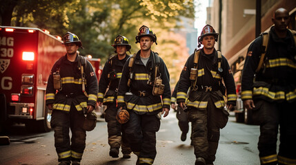 A group of firefighters walking together, their uniforms adorned with badges and symbols of honor Generative AI - obrazy, fototapety, plakaty