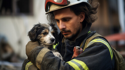 A firefighter holding a pet or comforting an animal they rescued, displaying compassion and care Generative AI
