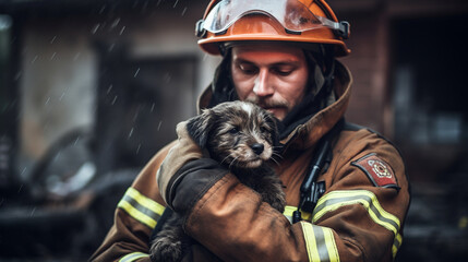 A firefighter holding a pet or comforting an animal they rescued, displaying compassion and care Generative AI