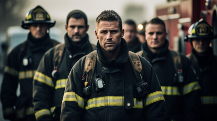 Fototapeta premium Firefighters standing in a row, their confident and stoic expressions showcasing their professionalism Generative AI