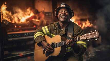 Obraz premium A firefighter playing a musical instrument, demonstrating their diverse talents and passions Generative AI