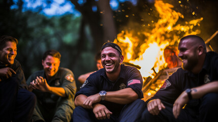 Firefighters gathered around a bonfire, unwinding and enjoying each other's company Generative AI