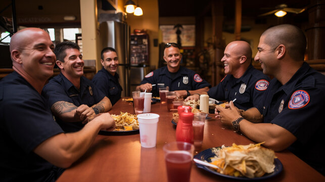 Firefighters sharing a meal together, sitting around a table and enjoying well-deserved nourishment Generative AI