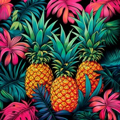 Obraz premium Tropical painted background in bright colors with pineapples. Stylized abstract picture in art style. AI generation