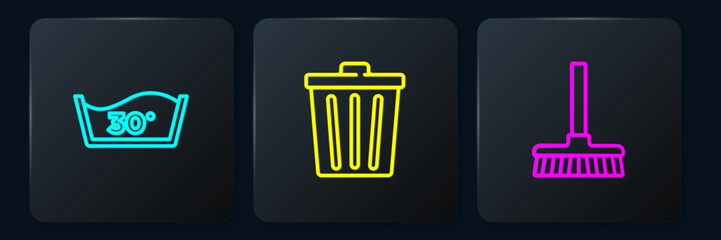 Set line Temperature wash, Handle broom and Trash can. Black square button. Vector