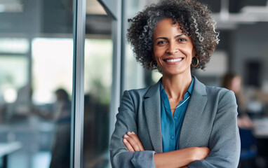 Smiling confident mature african american businesswoman leader looking at camera standing in office. Middle aged CEO portrait. AI Generative