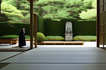 Serenity Sketch: Minimalist Monk Amid Zen Tranquility