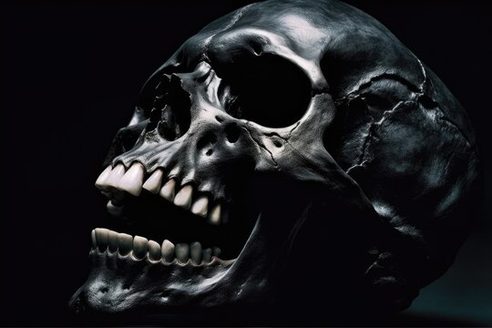 menacing human skull with sharp teeth and elongated fangs