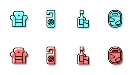 Set line Whiskey bottle and glass, Armchair, Please do not disturb and Airplane window icon. Vector