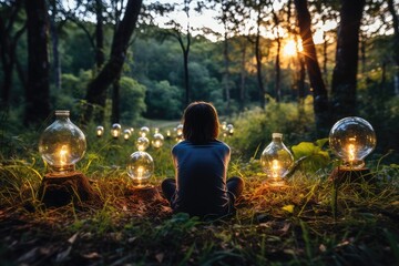 Young boy sitting in the forest with a lot of light bulbs