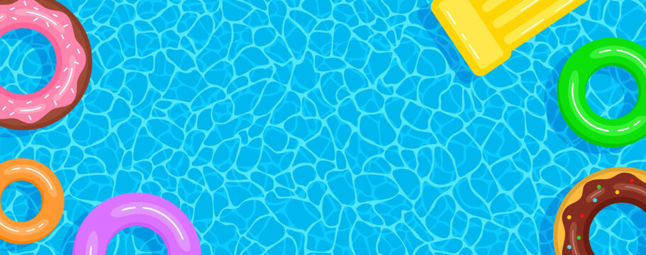 Summer pool banner with copy space. Frame of colorful inflatable circles and mattress floating on the water surface. Vector illustration in flat style