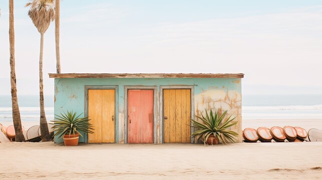 a horizontal format, Summer ocean scapes with light aquas, corals, yellows and pinks, bungalows, and vans, in a JPG format. Generative AI 