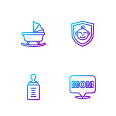 Set line Speech bubble mom, Baby bottle, stroller and on shield. Gradient color icons. Vector