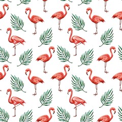 Pink flamingos and green areca palm leaves. Seamless watercolor patter on a white background. Design of textiles, wrapping paper, clothes, covers.