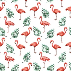 Fototapete Flamingo Pink flamingos and green areca palm leaves. Seamless watercolor patter on a white background. Design of textiles, wrapping paper, clothes, covers.