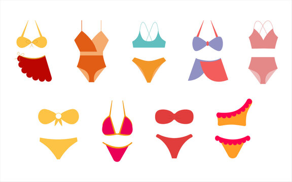 collection of colorful swimwear.Swimsuit or bikini ruffle top and bottom.Vector illusration.Isolated on a white background.female swimsuit model
