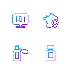 Set line Perfume, Flag France and Map of. Gradient color icons. Vector