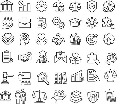 Set hand drawn icons Social policy editable stroke outline icons set isolated on white background flat vector illustration.