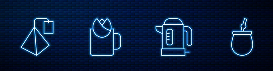 Set line Electric kettle, Tea bag, Cup of tea with rose and Mate. Glowing neon icon on brick wall. Vector - obrazy, fototapety, plakaty