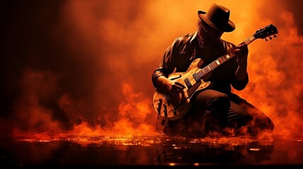 guitar player in fire - obrazy, fototapety, plakaty