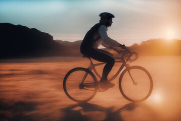 one Happy Young sporty Woman fast riding bicycle outside. Healthy Lifestyle.  Sport girl on racing cycle. sunset sky. female wearing helmet and sporty uniform. side view. Generative ai.