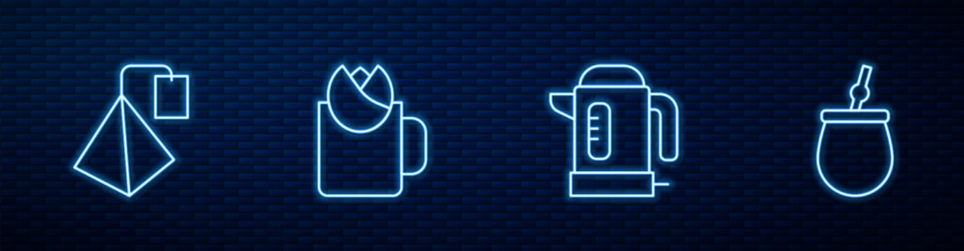 Set line Electric kettle, Tea bag, Cup of tea with rose and Mate. Glowing neon icon on brick wall. Vector