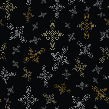 seamless repeat pattern with simple floral motifs on a black background perfect for fabric, scrap booking, wallpaper, gift wrap projects