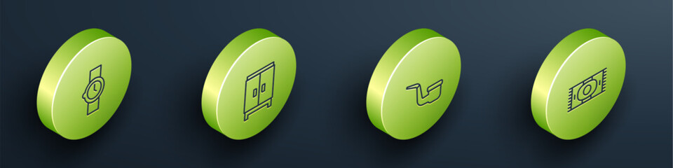 Set Isometric line Wrist watch, Wardrobe, Smoking pipe and Classic carpet icon. Vector