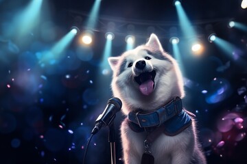 Talented dog, professional musician performing in neon light. The concept of music, hobby,...