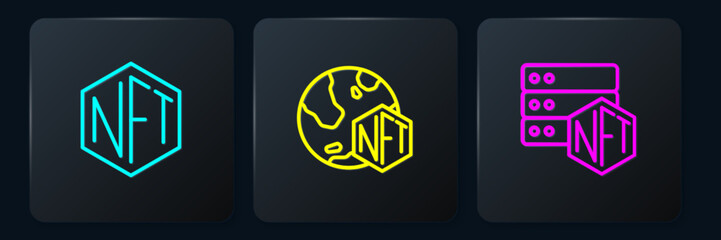 Set line NFT Digital crypto art, blockchain technology and . Black square button. Vector