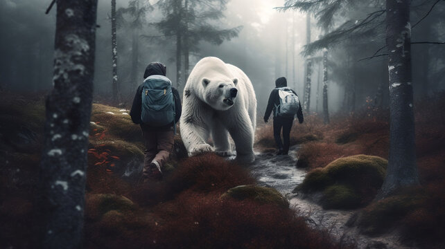 AI Generated collection landscapes showing hikers encountering bears and unsplash photos of hikers in the treacherous steep ice mountains of the magical beautiful wonderland 