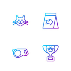 Set line Pet award symbol, Retractable cord leash, Cat and Food for fish. Gradient color icons. Vector