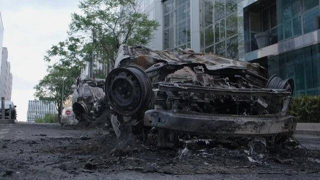 tribute for Nahel, several cars burned and destroyed during the riots in Nanterre, Hauts de Seine, France - June 29, 2023	