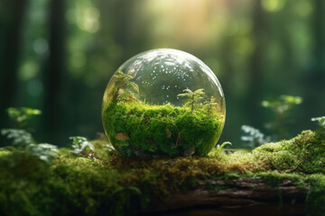 Obraz na płótnie Canvas Crystal ball with plants on moss in forest environmental. Earth day concept. Generative AI